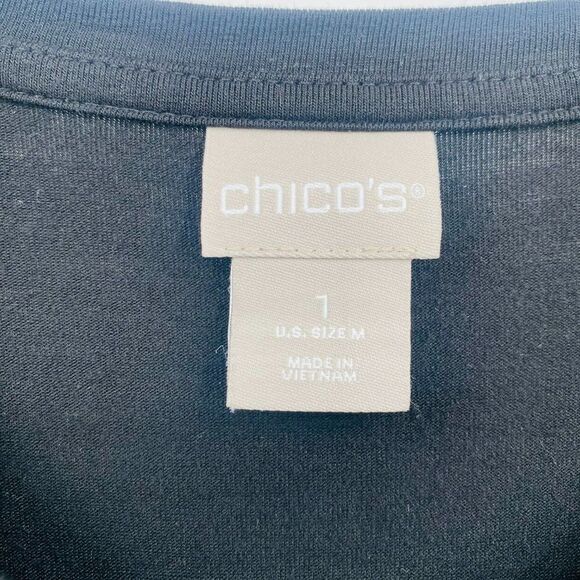 Chico's Size 1 Medium Black V Neck Jersey Knit Hi Low Tunic Top Long Sleeve - Picture 4 of 7